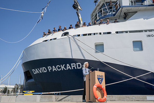 Chair of MBARI Board of Directors Julie Packard speaking at the R/V David Packard commemoration ceremony.