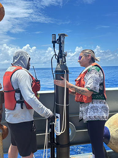 Former MBARI Research Specialist Mariana Bif (right) preparing to deploy a robotic biogeochemical Argo (BGC-Argo) float