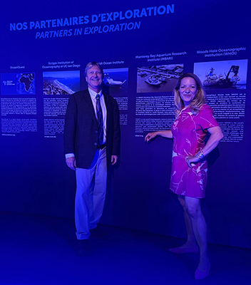 Outgoing MBARI President and CEO Chris Scholin and MBARI President and CEO Antje Boetius in the Deep Blue Pavilion at the 2025 United Nations Ocean Conference